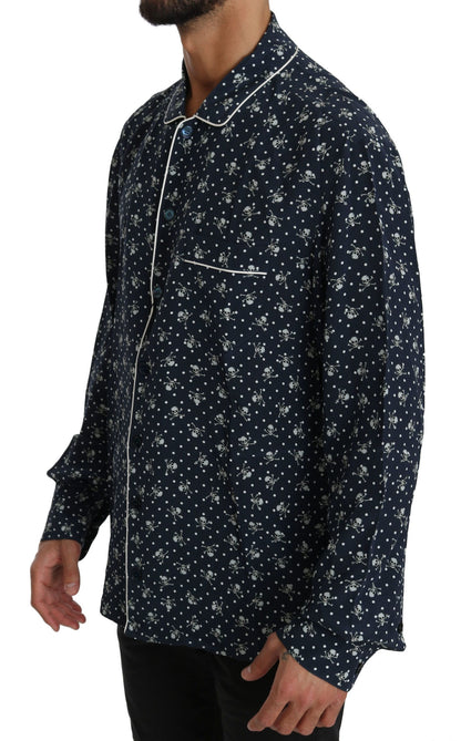 Seidige Eleganz: Blaues Lounge-Shirt mit Totenkopf-Print