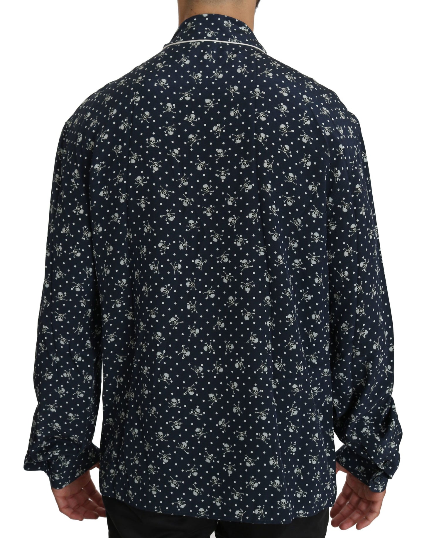 Seidige Eleganz: Blaues Lounge-Shirt mit Totenkopf-Print