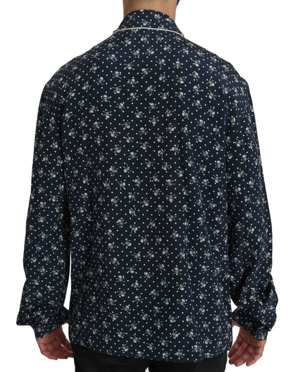 Seidige Eleganz: Blaues Lounge-Shirt mit Totenkopf-Print