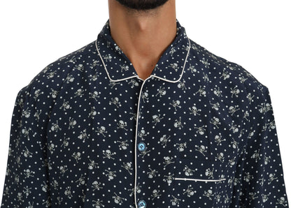 Seidige Eleganz: Blaues Lounge-Shirt mit Totenkopf-Print