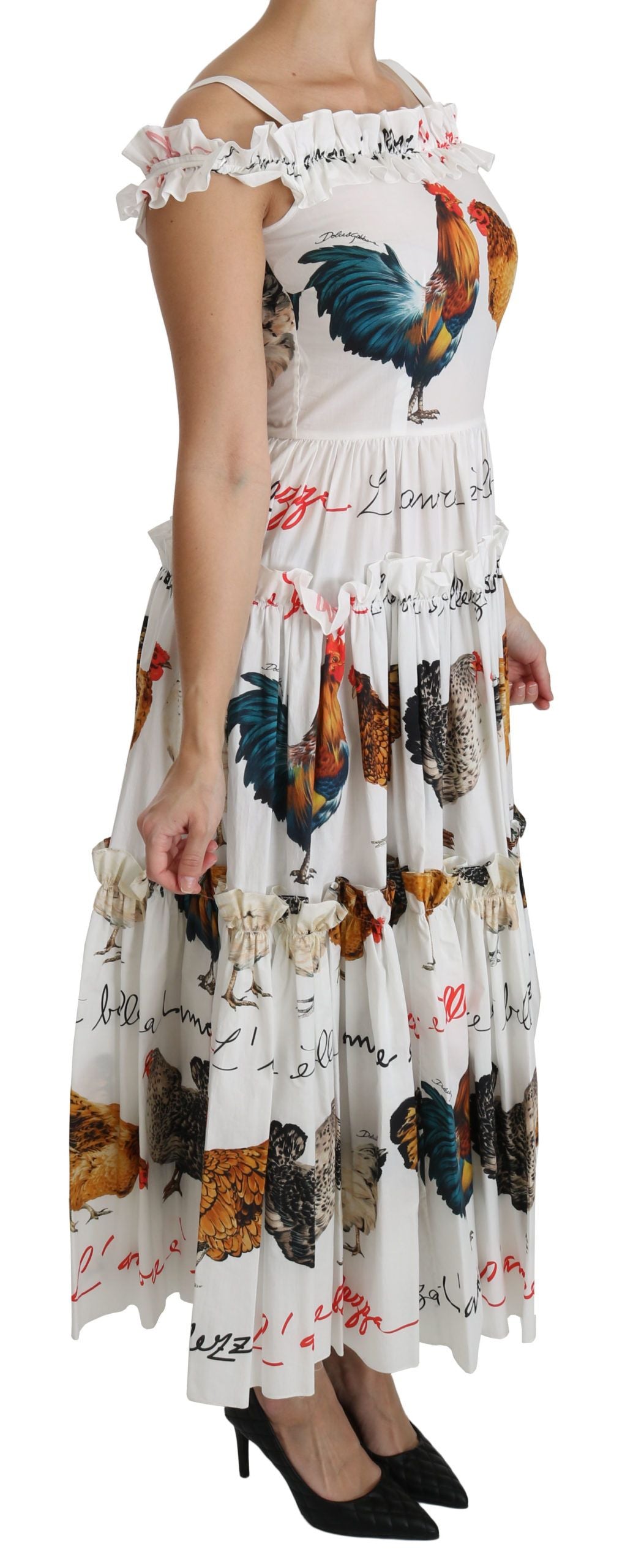 Elegant White Rooster Print Sheath Midi Dress