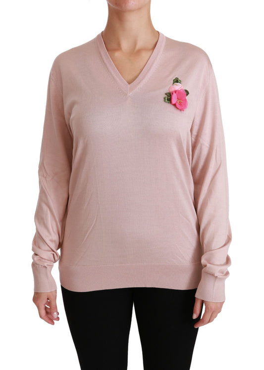 Rosa Seidenpullover mit V-Ausschnitt und Blumenmuster