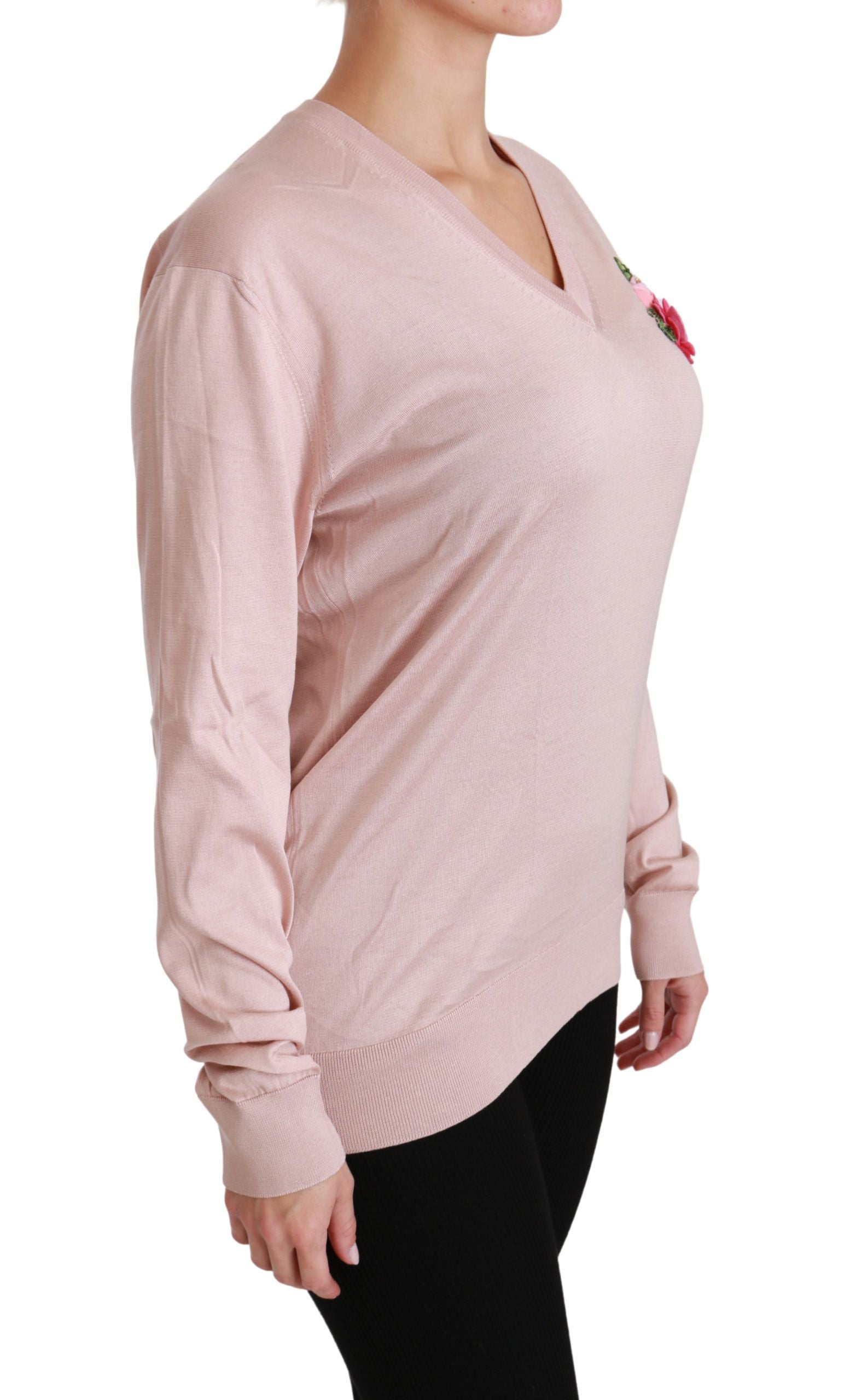 Rosa Seidenpullover mit V-Ausschnitt und Blumenmuster