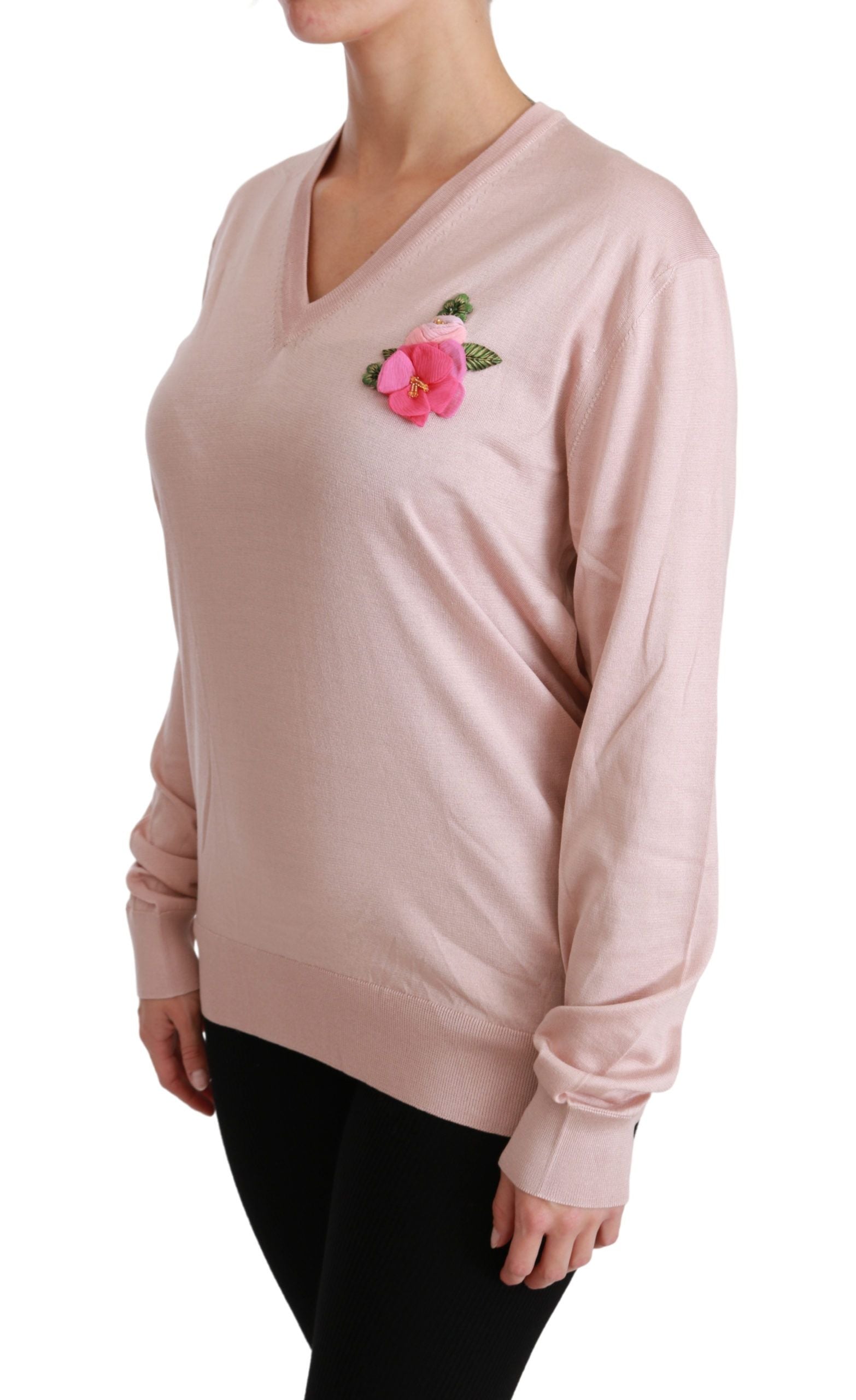 Rosa Seidenpullover mit V-Ausschnitt und Blumenmuster