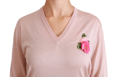 Rosa Seidenpullover mit V-Ausschnitt und Blumenmuster