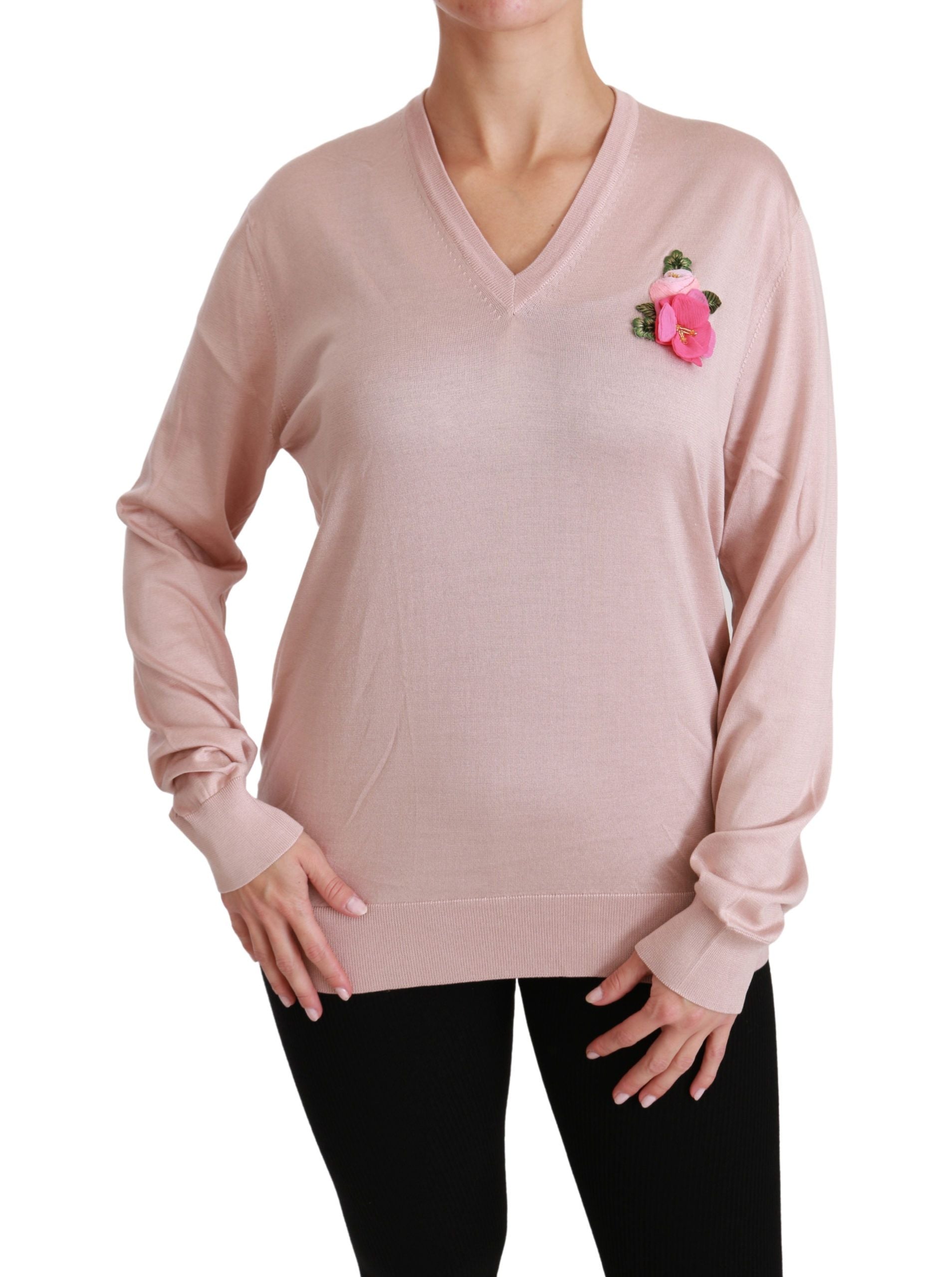 Rosa Seidenpullover mit V-Ausschnitt und Blumenmuster