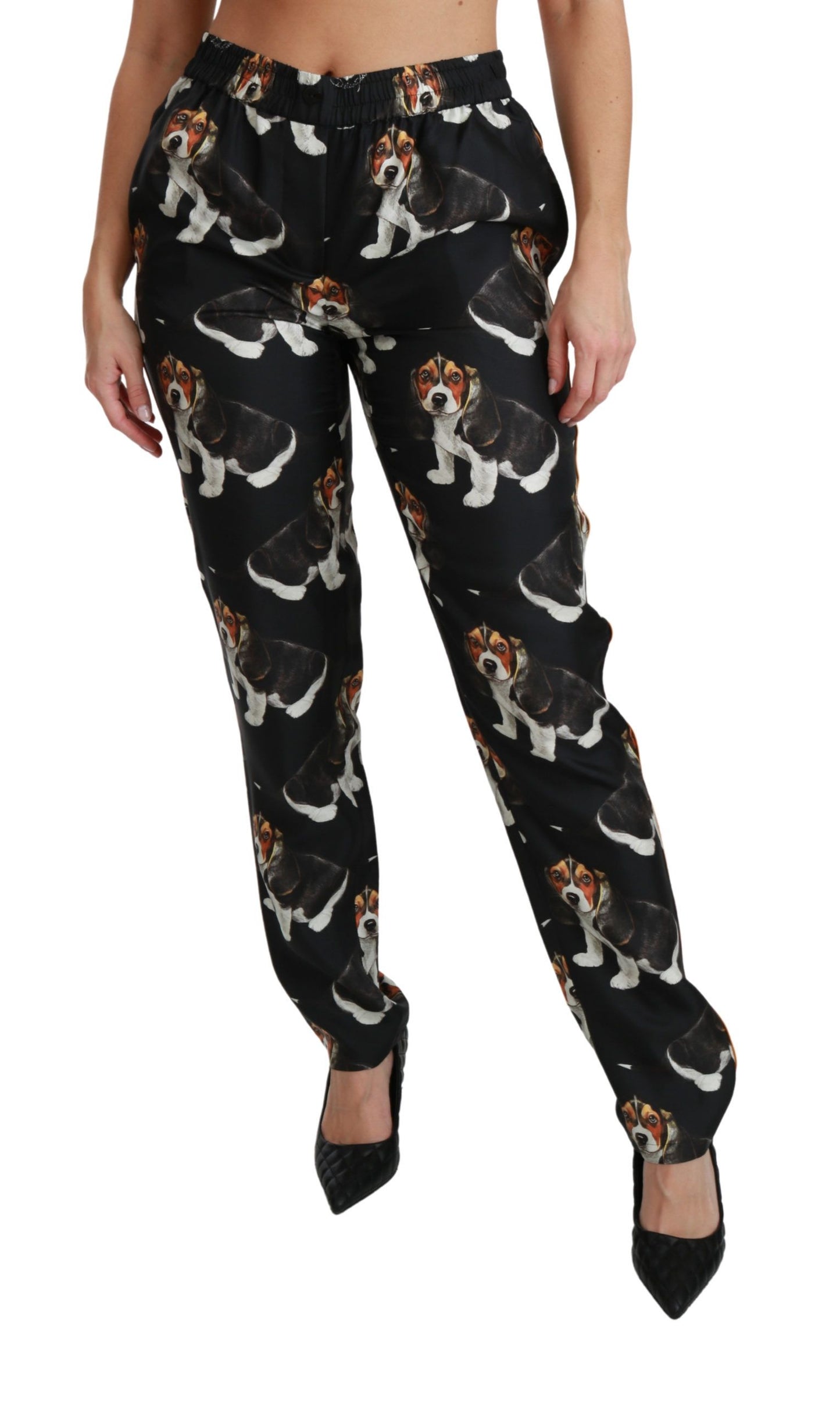 Elegante Hose aus Seide mit Hundewelpen-Print