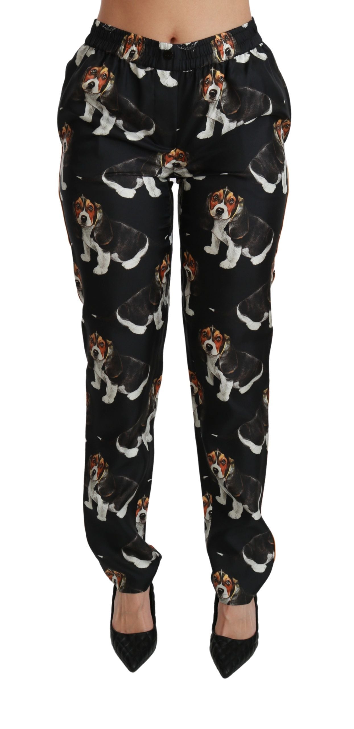 Elegante Hose aus Seide mit Hundewelpen-Print