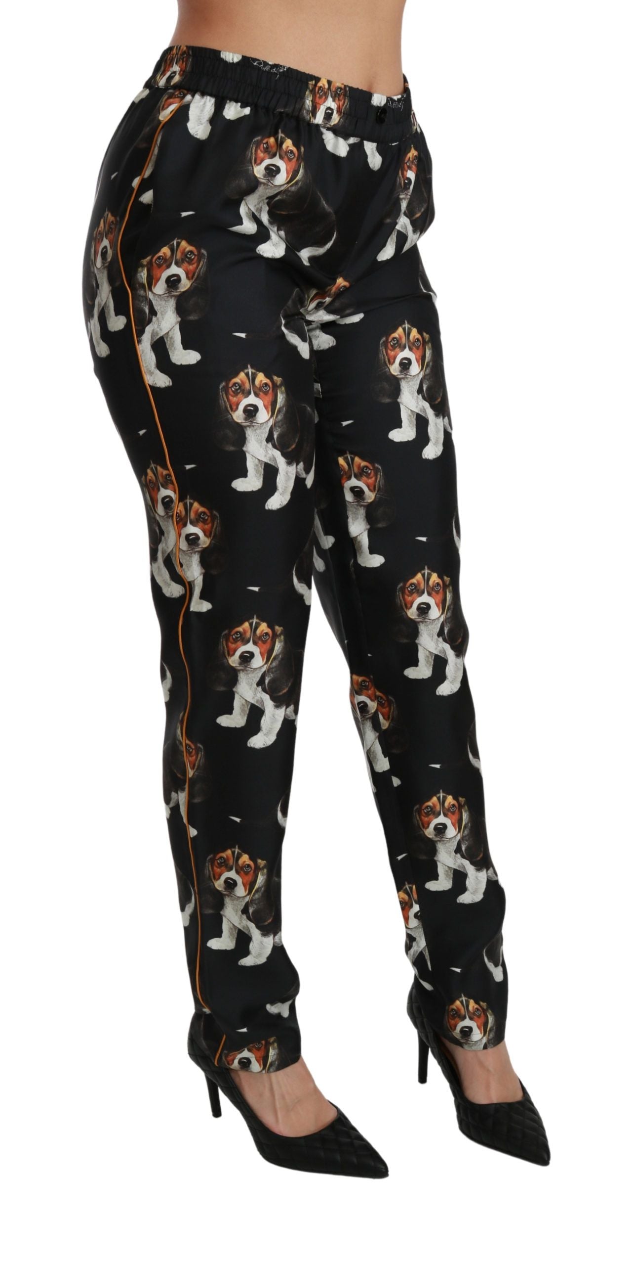 Elegante Hose aus Seide mit Hundewelpen-Print