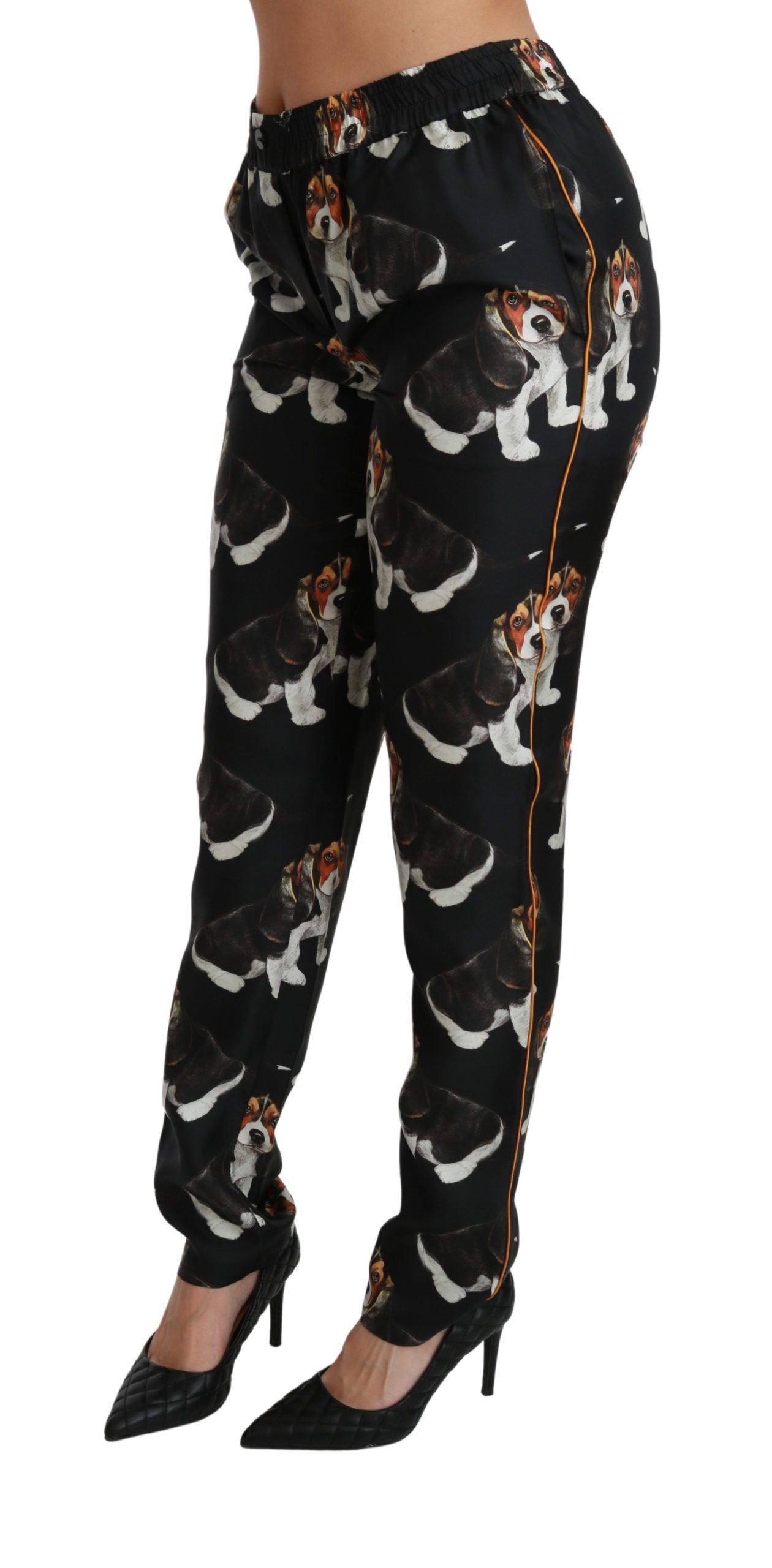 Elegante Hose aus Seide mit Hundewelpen-Print