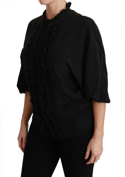 Elegant Black Silk Short Sleeve Blouse