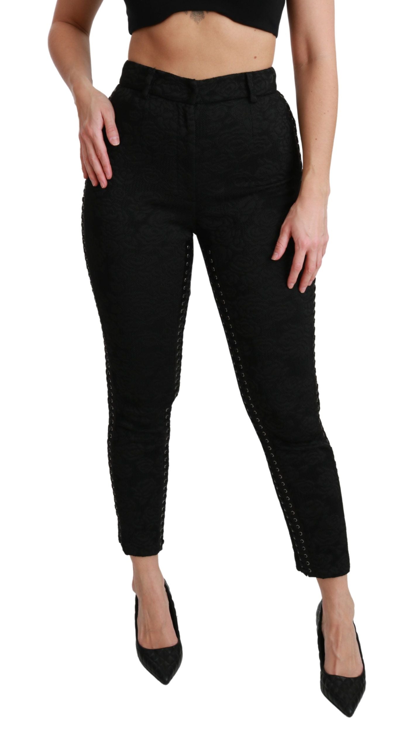 Elegant High Waist Skinny Black Brocade Pants