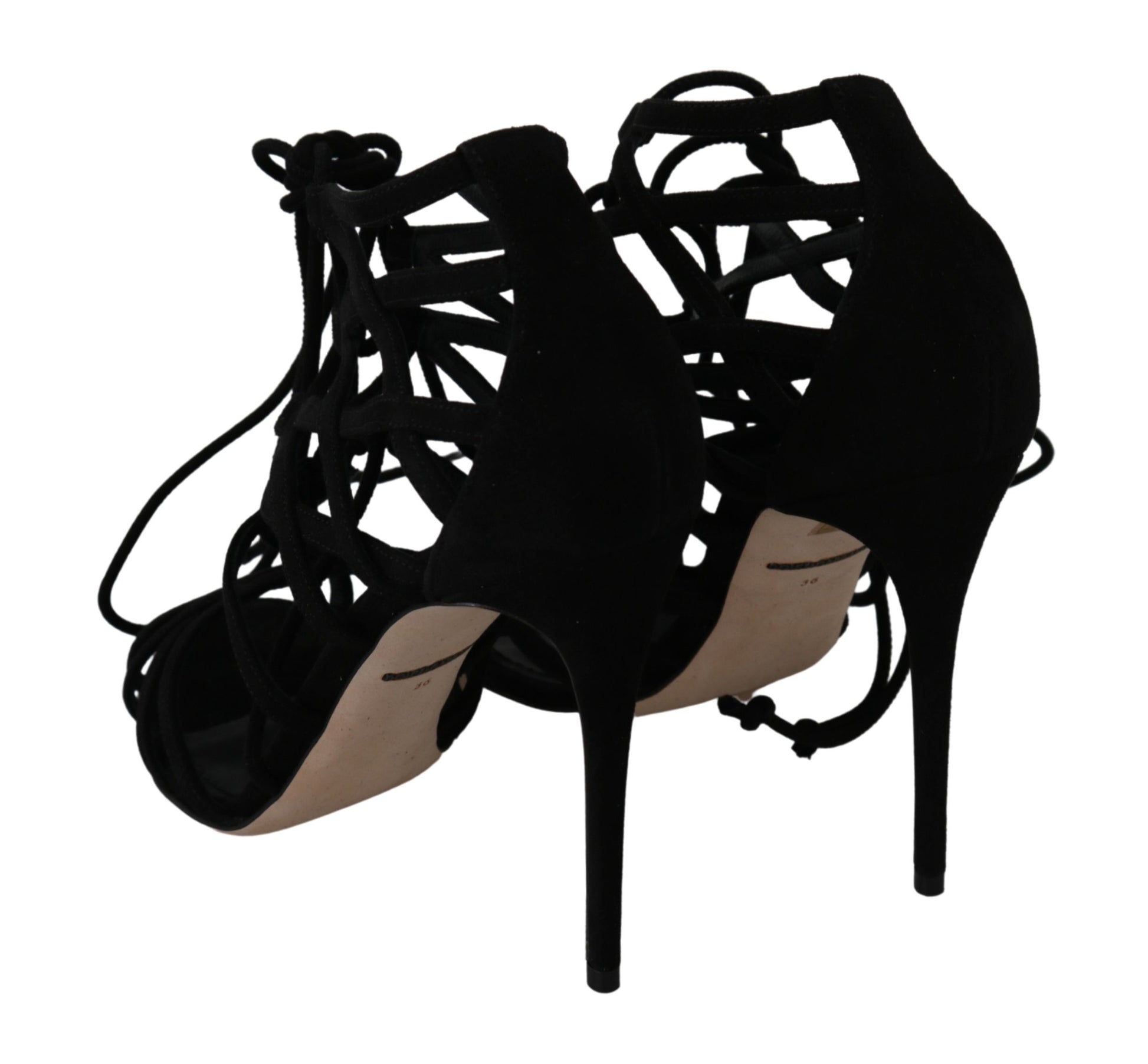 Elegante schwarze Wildleder-Stiletto-Sandalen mit Knöchelriemen