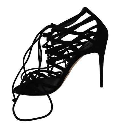 Elegante schwarze Wildleder-Stiletto-Sandalen mit Knöchelriemen