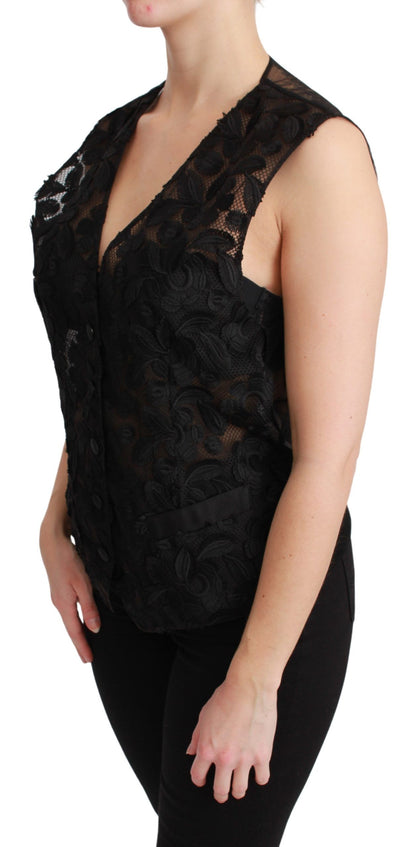 Elegant Floral Black Silk Blend Vest