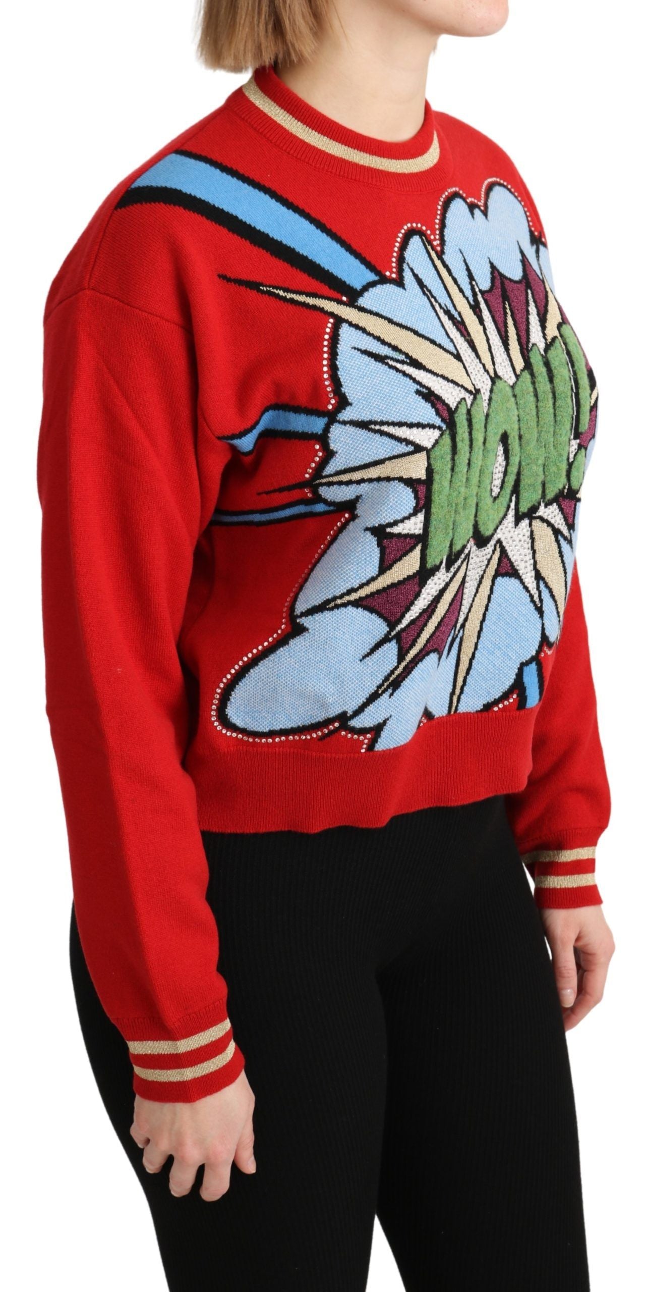 Strahlend roter Kaschmirpullover mit Cartoon-Motiv