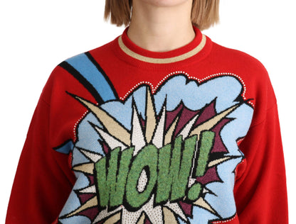 Strahlend roter Kaschmirpullover mit Cartoon-Motiv