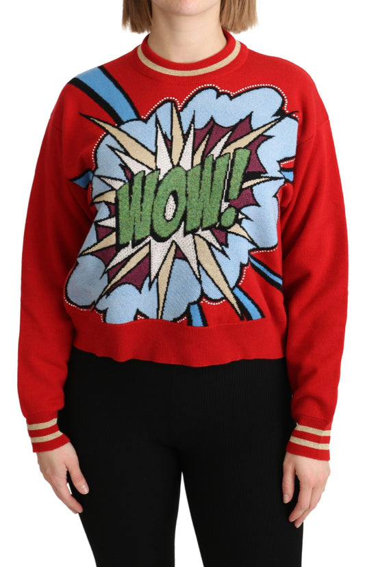 Strahlend roter Kaschmirpullover mit Cartoon-Motiv