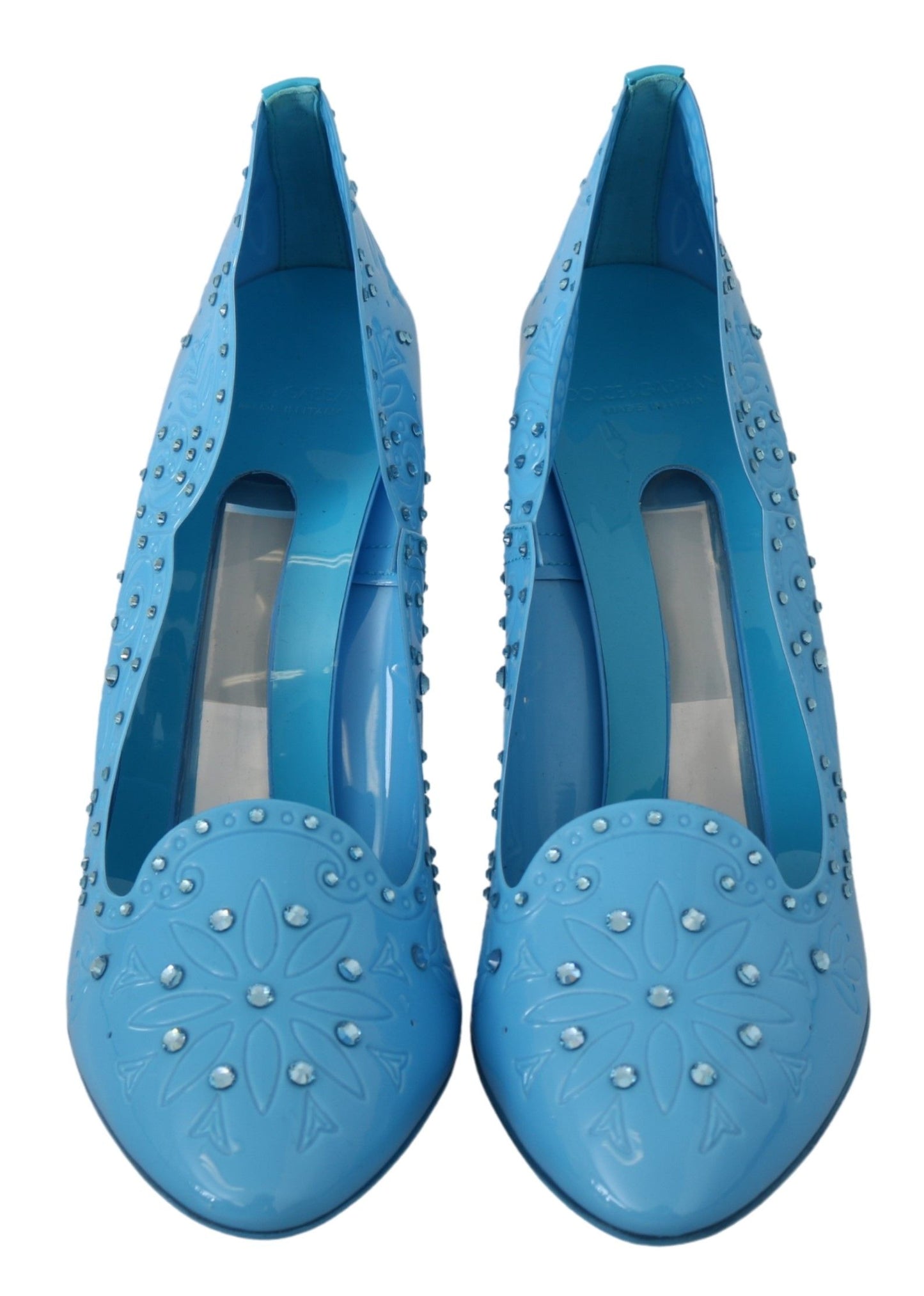 Blaue Cinderella-Pumps mit Kristallverzierung