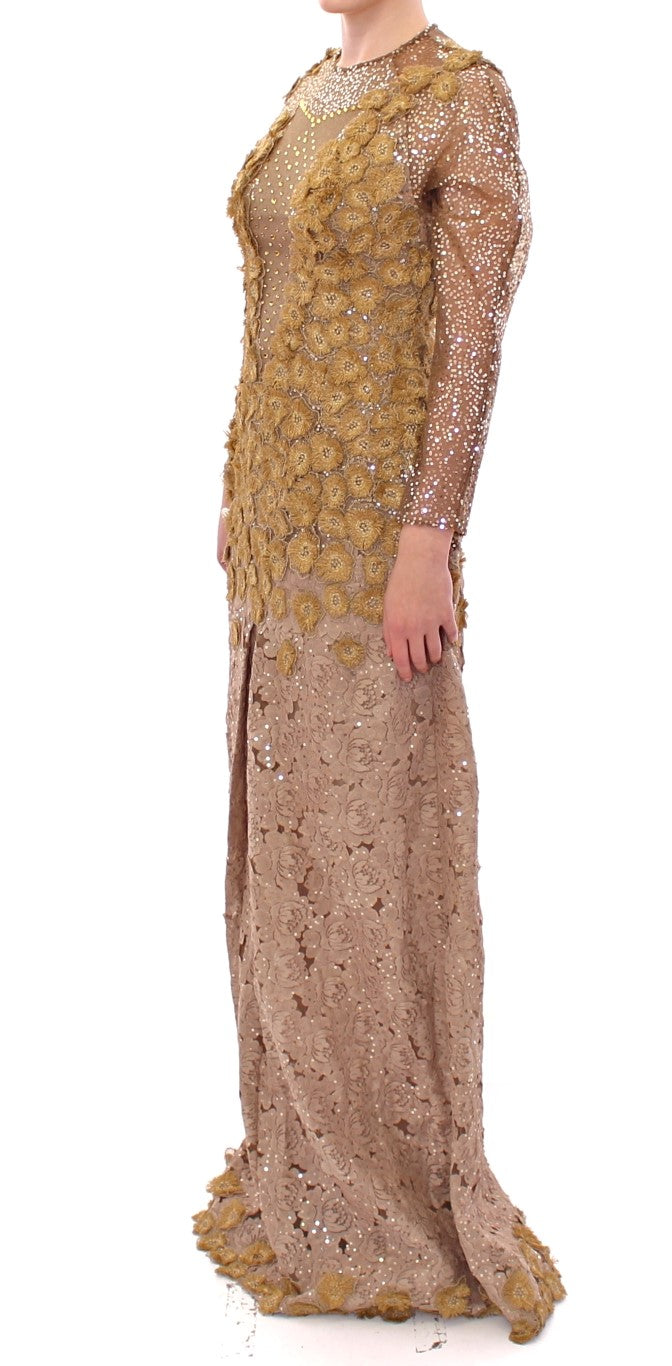 Exquisites Maxikleid aus goldener Spitze mit Kristallen