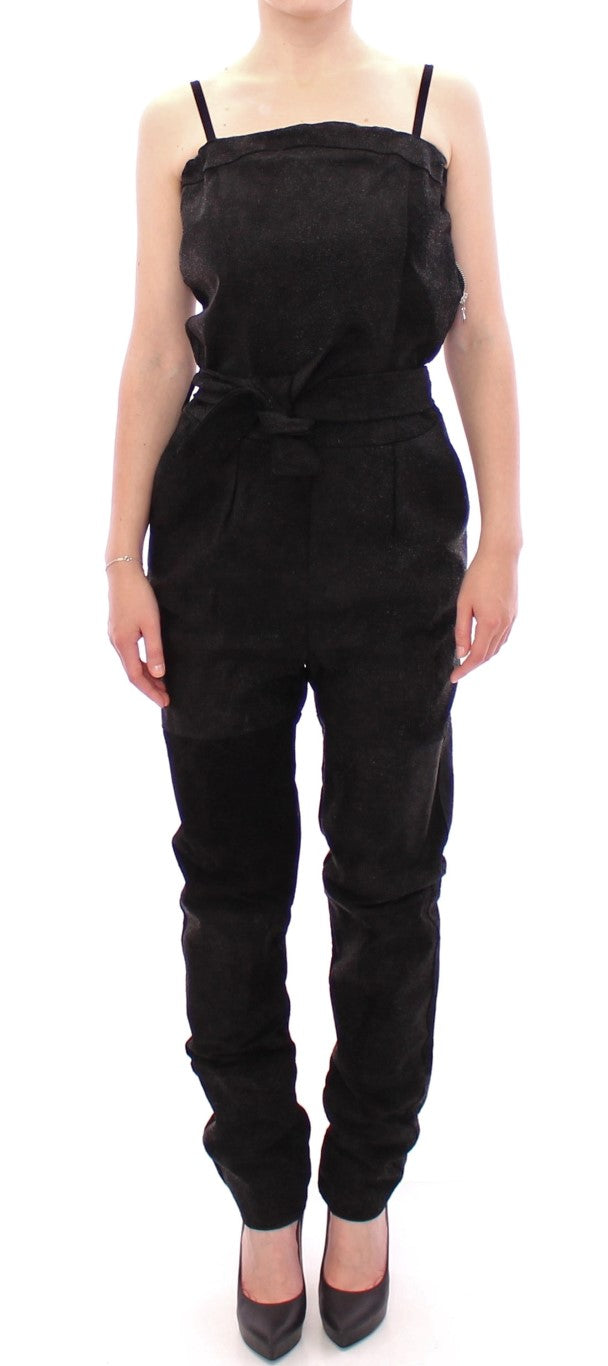 Eleganter schwarzer Leder-Overall mit Taillengurt