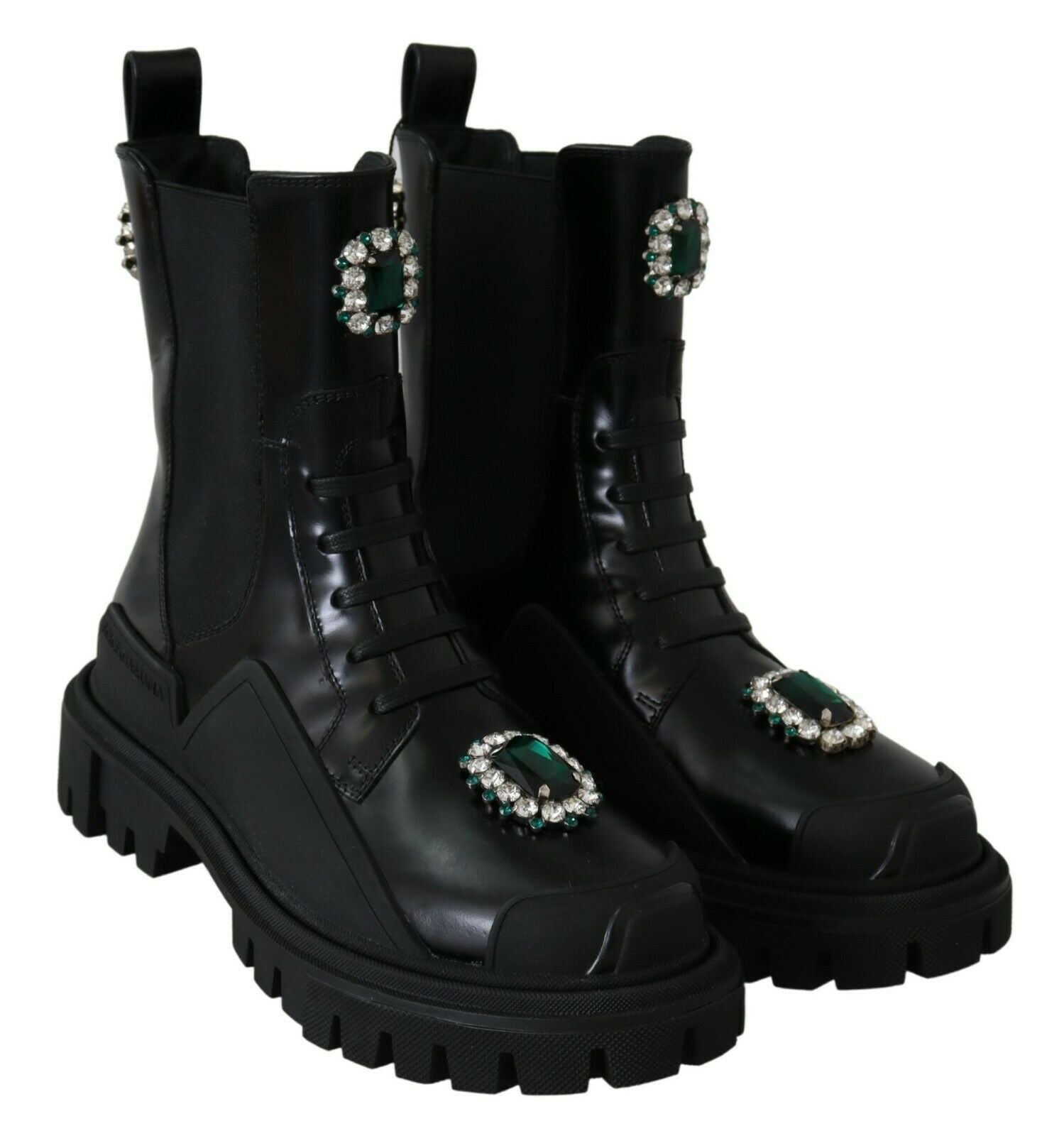 Elegante schwarze Kampfstiefel aus Leder mit Kristalldetail