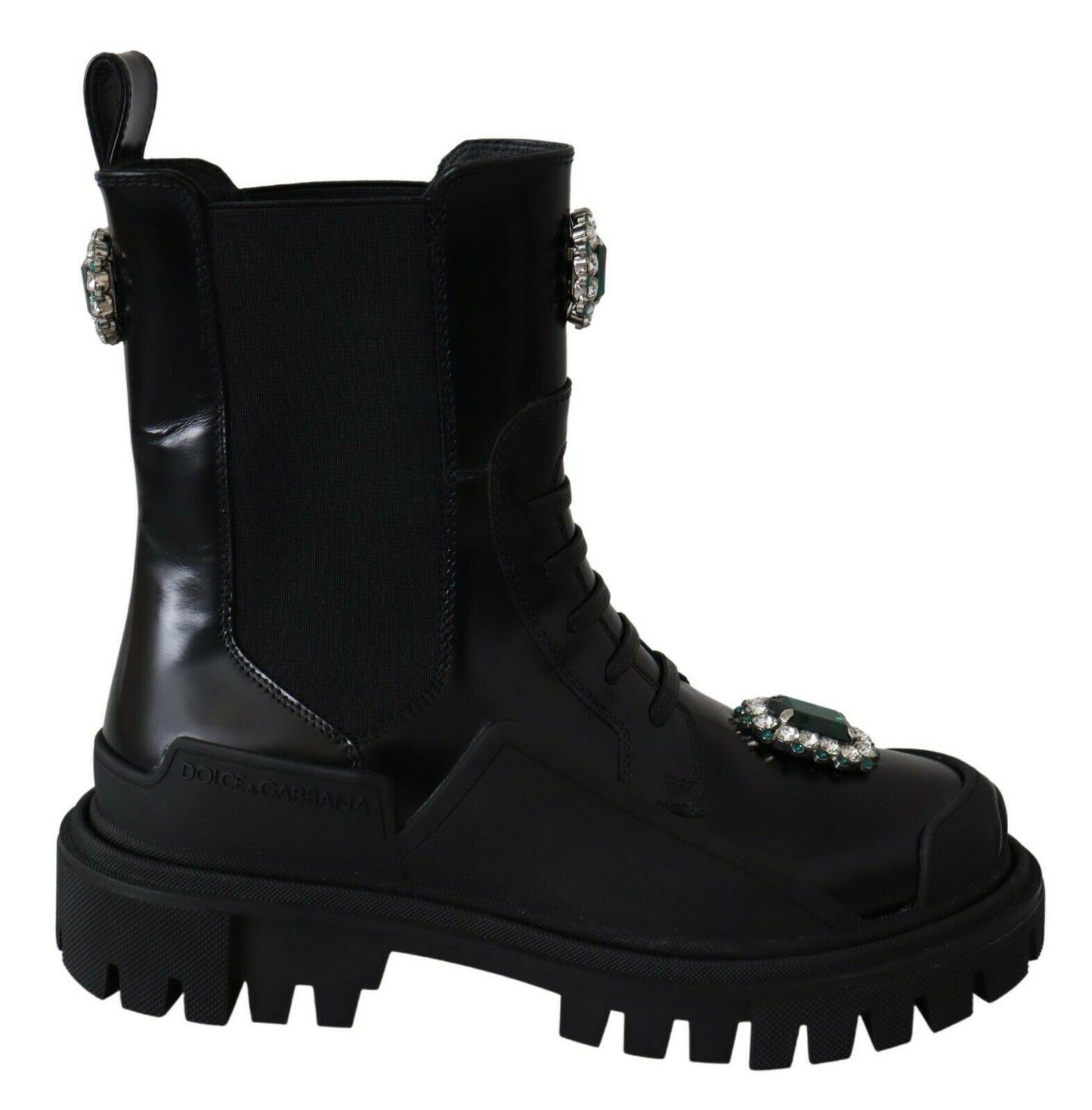 Elegante schwarze Kampfstiefel aus Leder mit Kristalldetail