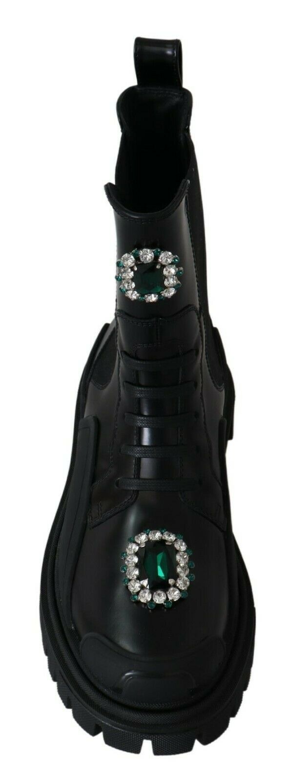 Elegante schwarze Kampfstiefel aus Leder mit Kristalldetail