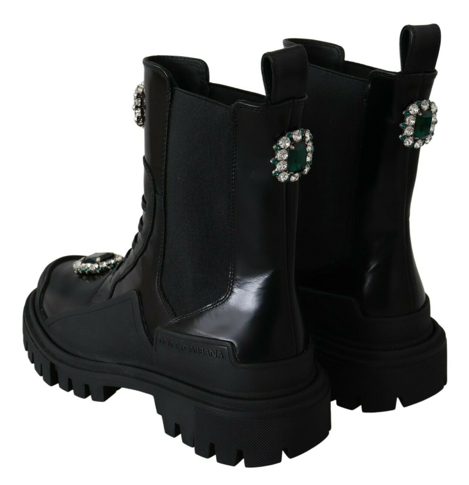 Elegante schwarze Kampfstiefel aus Leder mit Kristalldetail