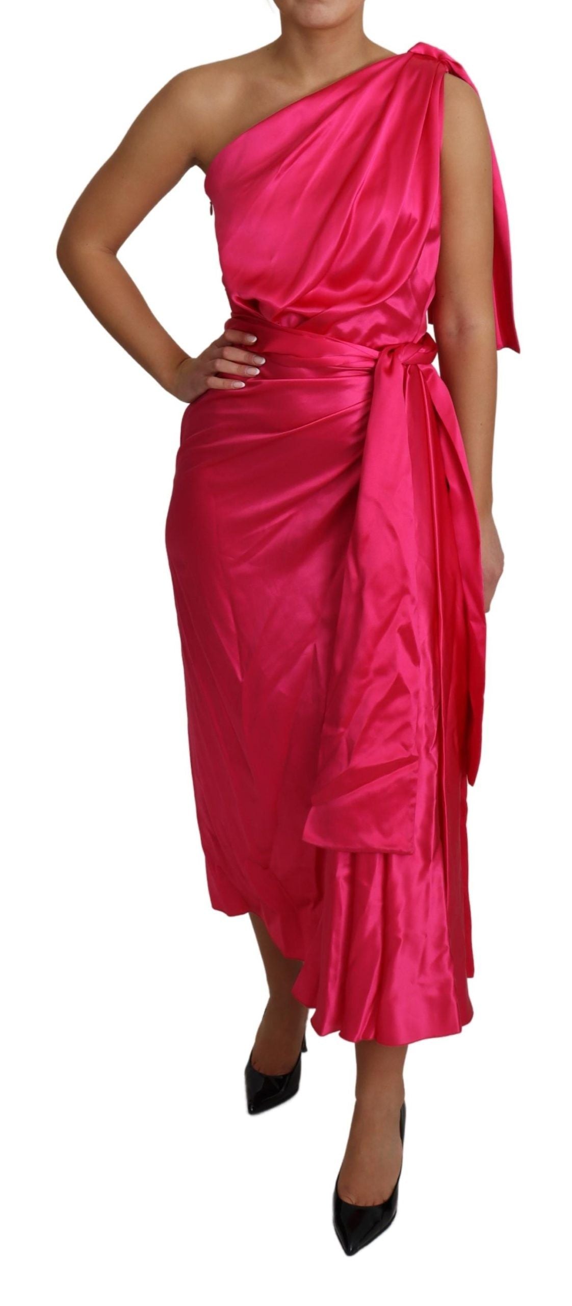 Elegantes One-Shoulder-Wickelkleid aus Seide in Fuchsia