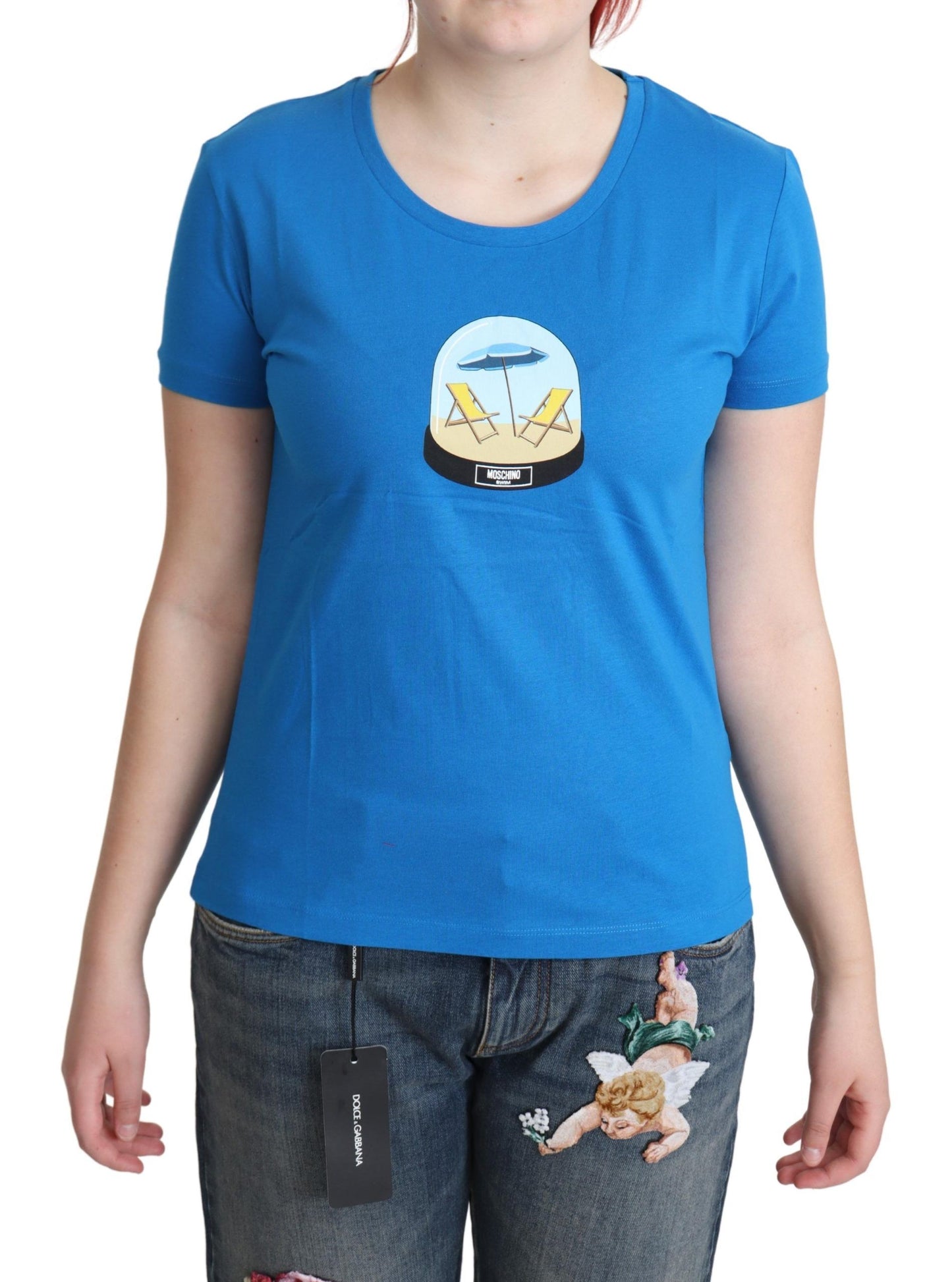 Chic Blue Cotton Tee with Iconic Print