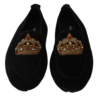 Elegante Loafer-Slipper aus schwarzem Leder mit goldener Stickerei