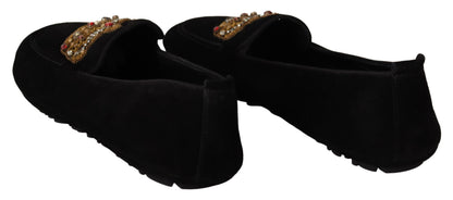 Elegante Loafer-Slipper aus schwarzem Leder mit goldener Stickerei