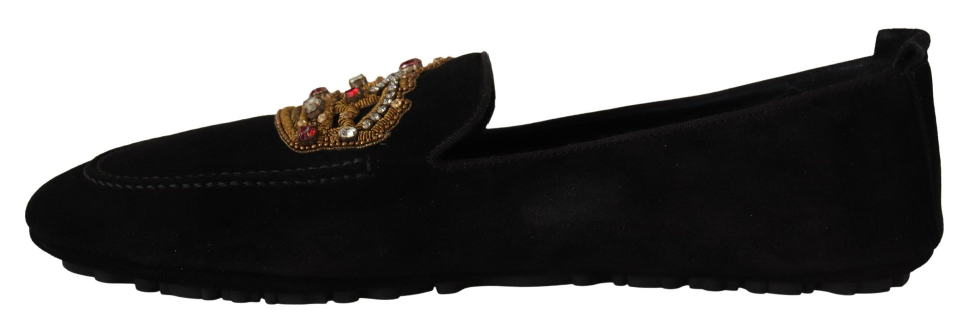 Elegante Loafer-Slipper aus schwarzem Leder mit goldener Stickerei