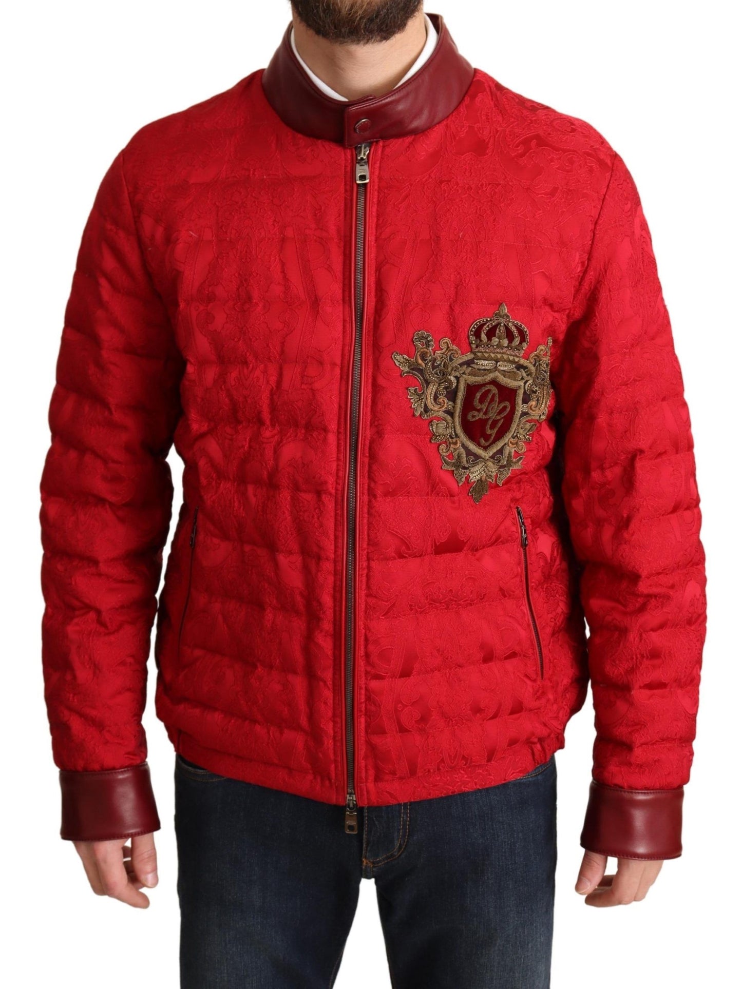 Rote und goldene Designer-Bomberjacke