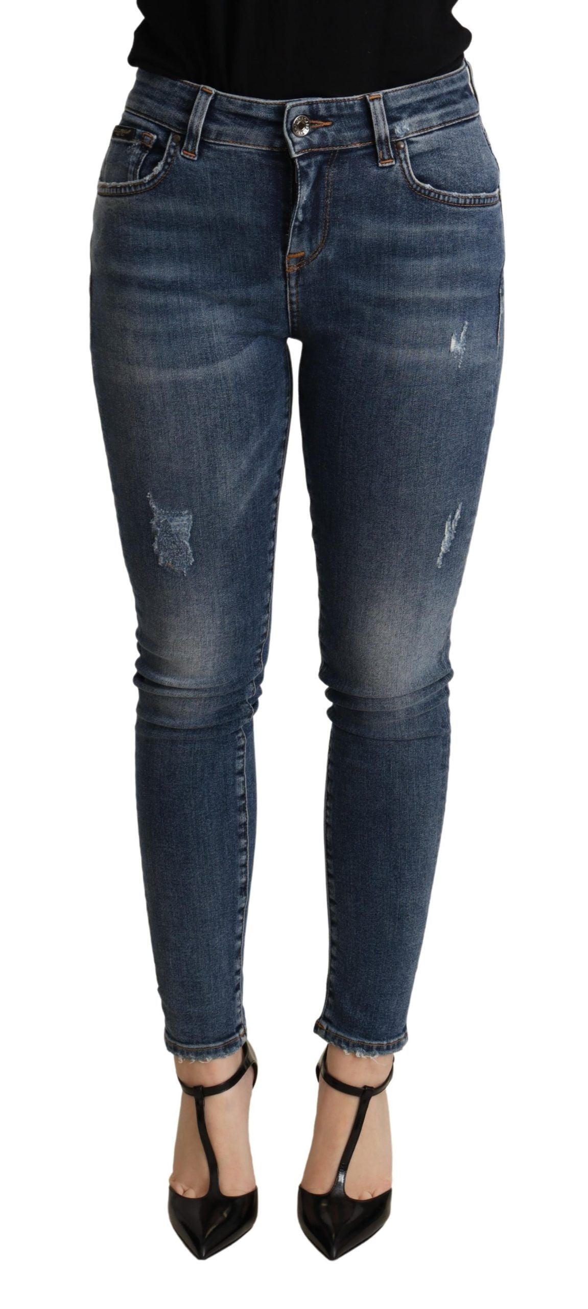 Elegant Mid Waist Skinny Blue Jeans