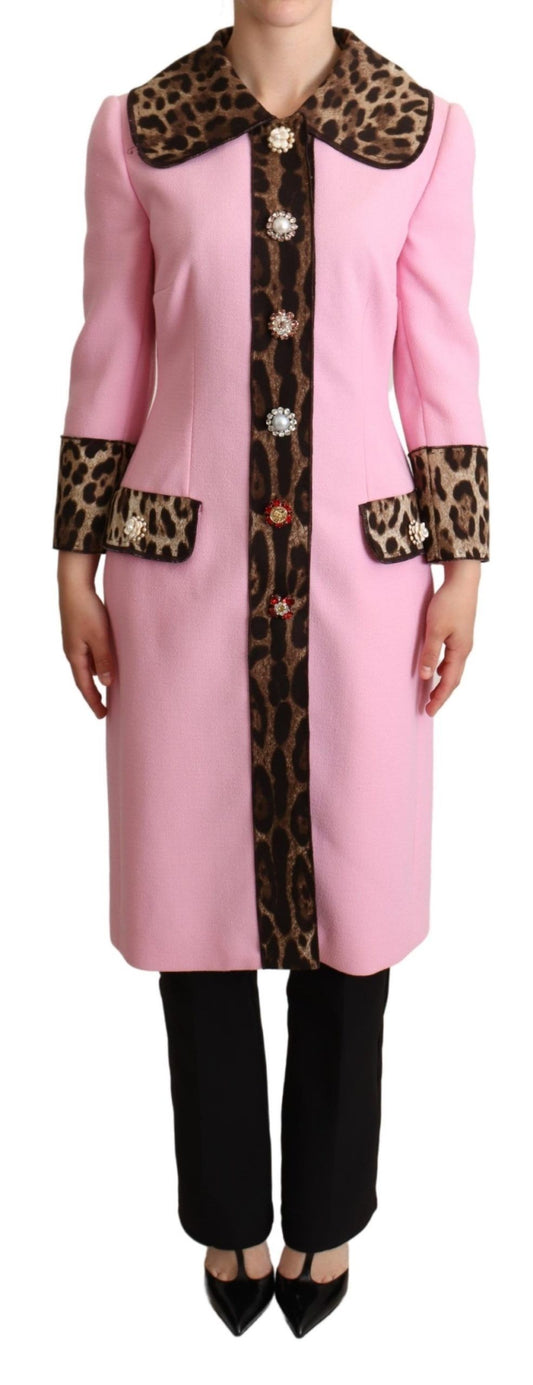 Schicker rosa Leoparden-Trenchcoat mit Kristallknöpfen