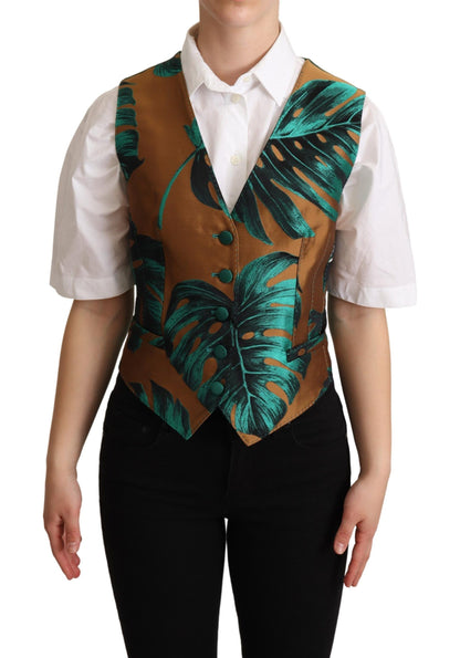 Elegant Green Leaf Print Waistcoat