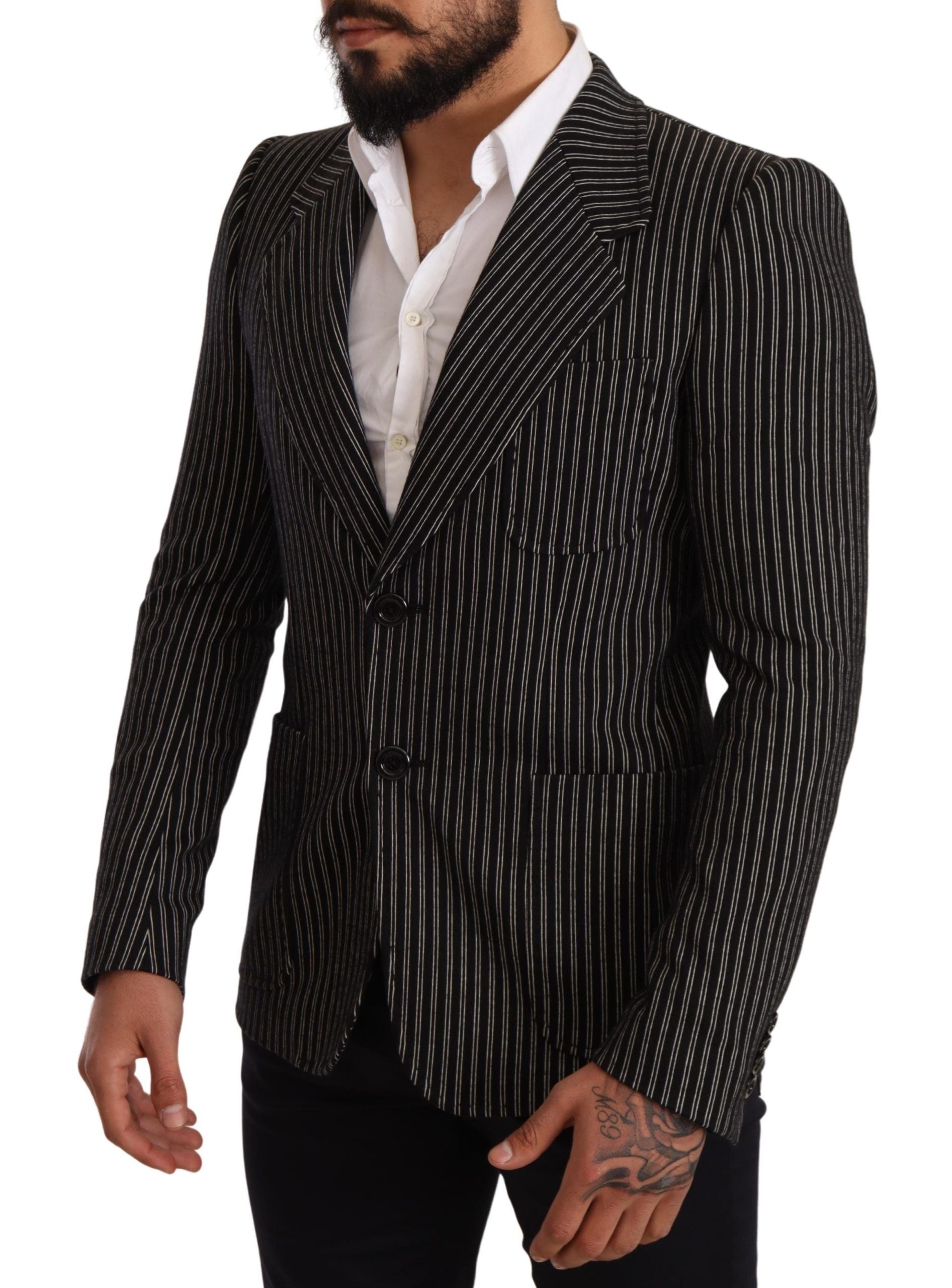 Elegant Black Striped Virgin Wool Blazer