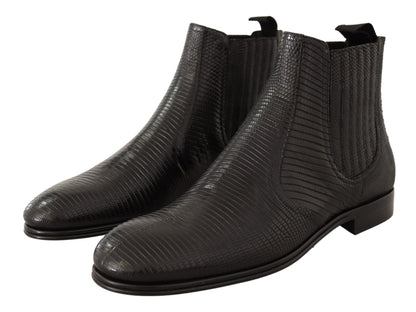 Elegante Derby-Stiefel aus schwarzem Leder mit Eidechsenhaut