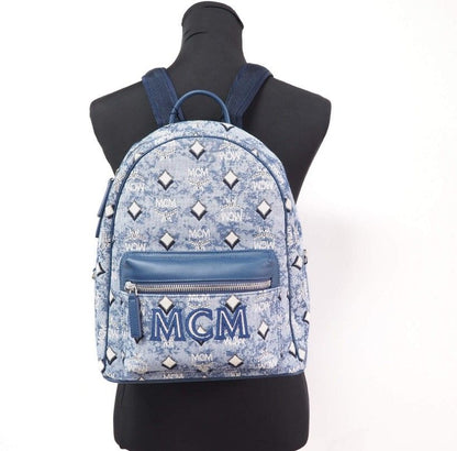 Stark Kleiner Blauer Vintage Jacquard Monogramm Logo Stoff Rucksack Büchertasche