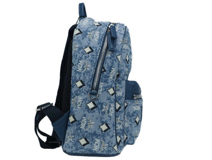 Stark Kleiner Blauer Vintage Jacquard Monogramm Logo Stoff Rucksack Büchertasche