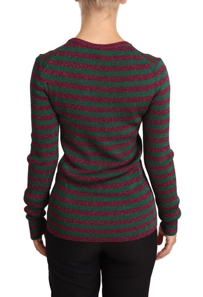 Eleganter Pullover mit Rundhalsausschnitt und Streifen in Kastanienbraun und Grün