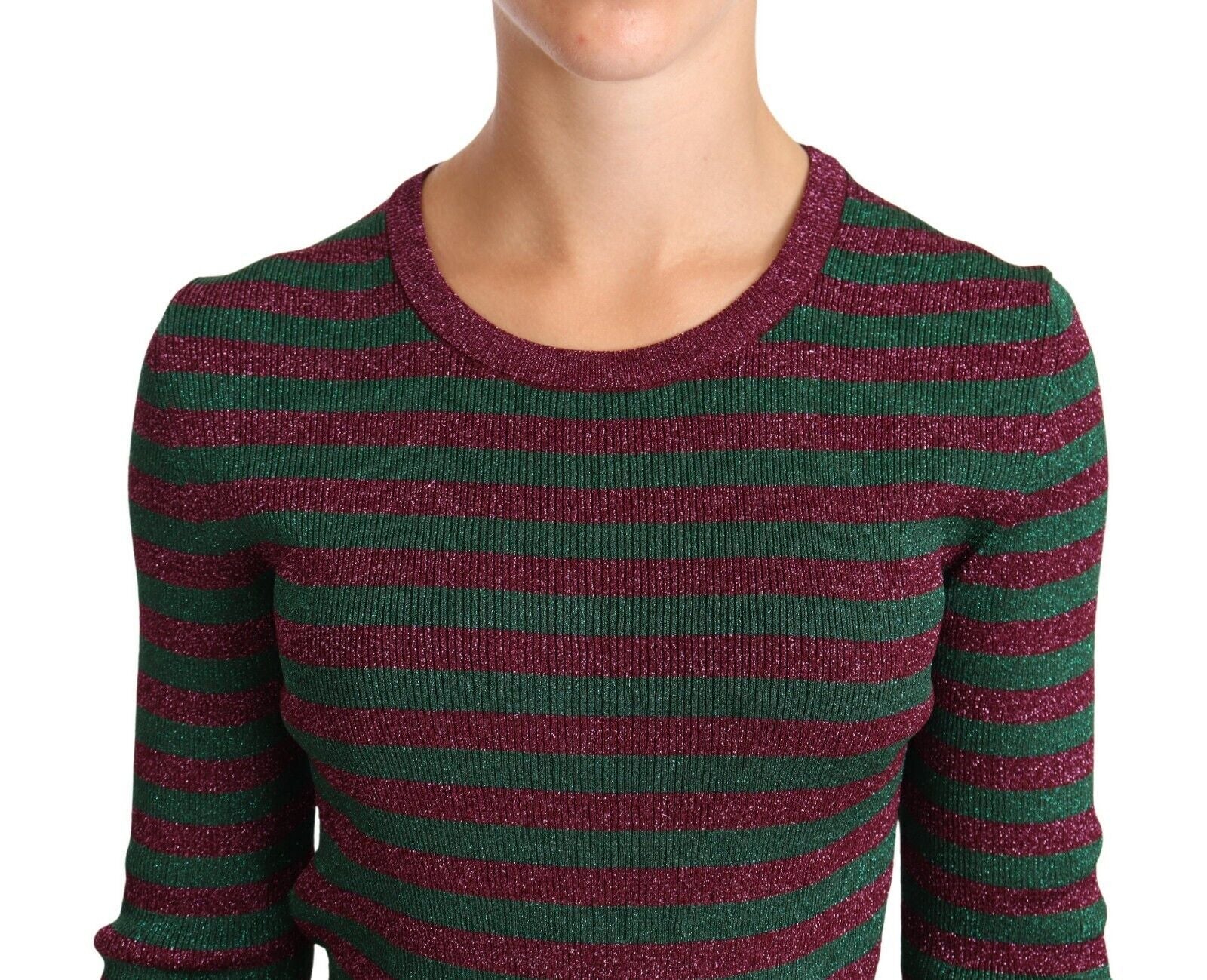 Eleganter Pullover mit Rundhalsausschnitt und Streifen in Kastanienbraun und Grün