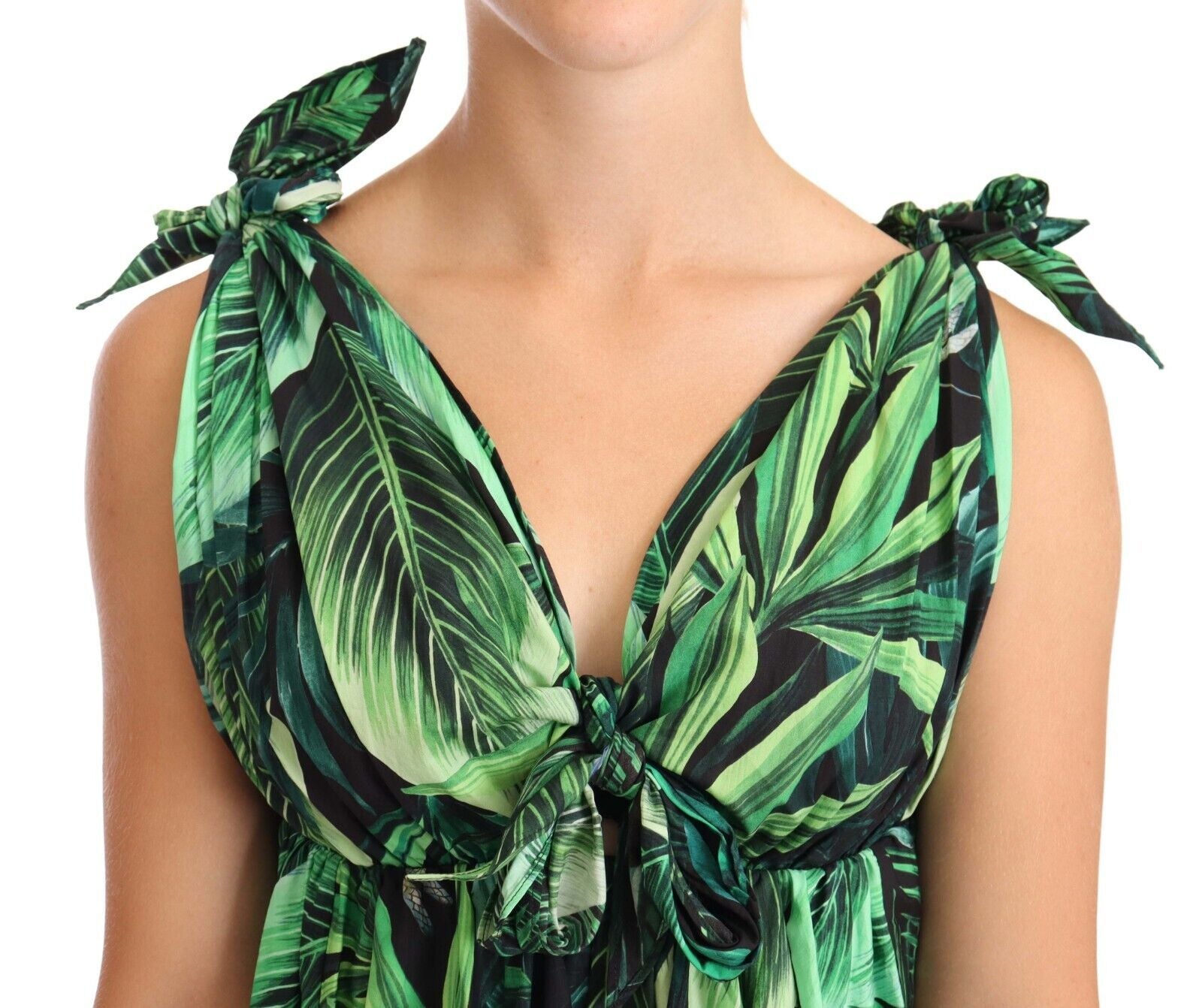 Elegant Flared Mini A-Line Dress in Green Leaf Print