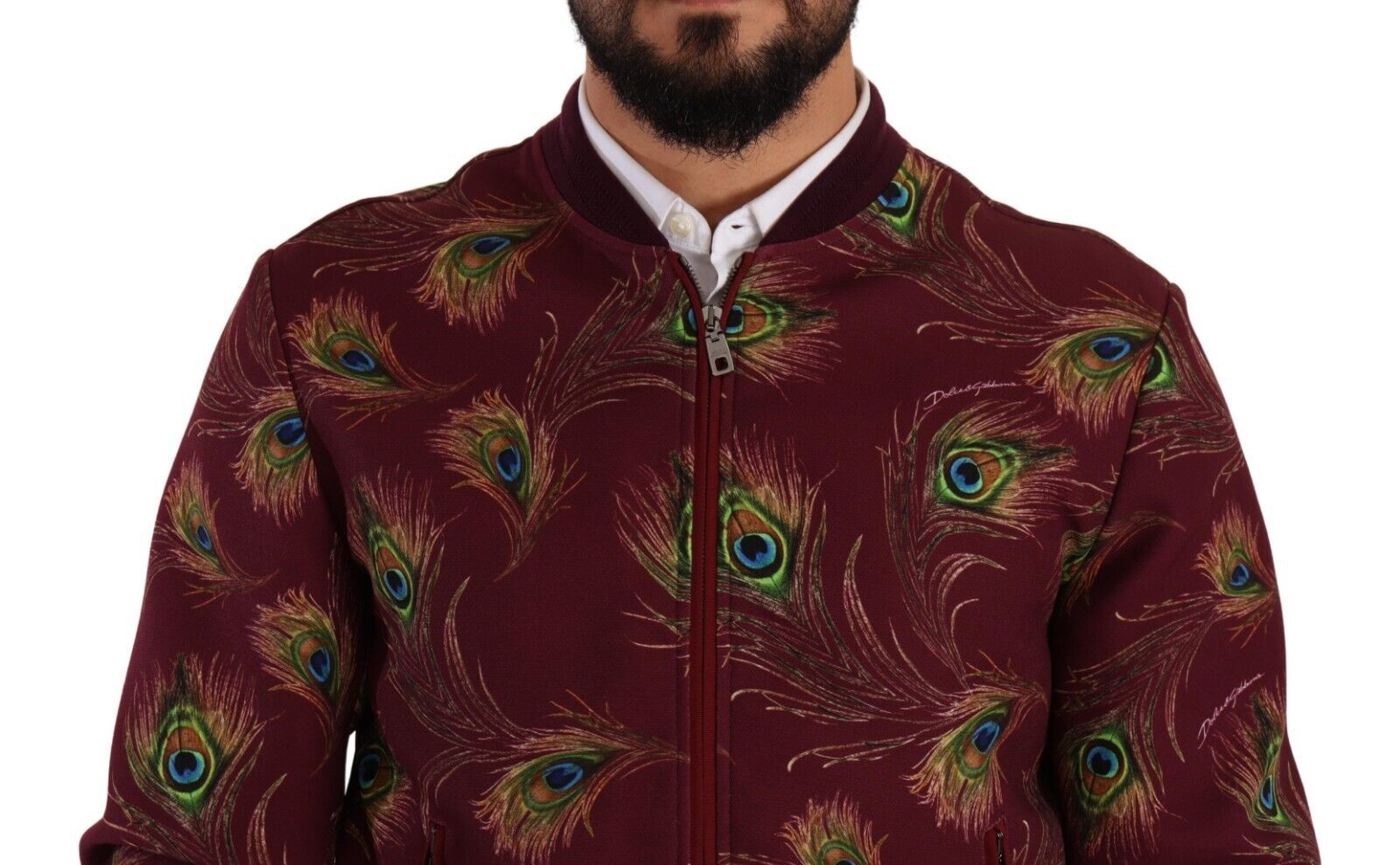 Bomberjacke mit strahlend rotem Pfauen-Print