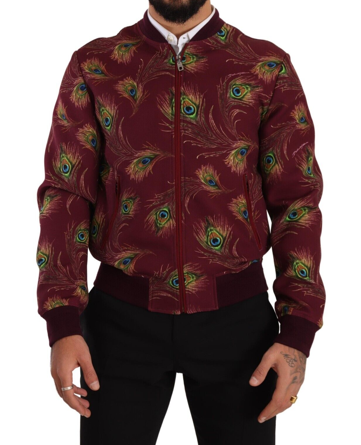 Bomberjacke mit strahlend rotem Pfauen-Print