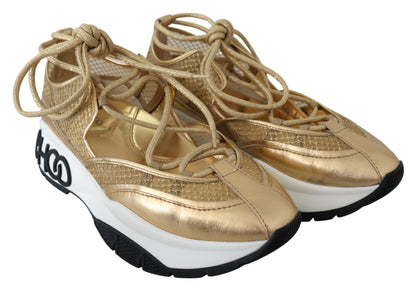 Goldene Glamour-Sneakers aus Mesh-Leder