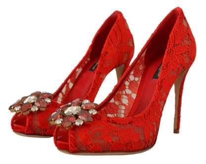 Rote Taormina-Pumps mit Spitzenabsatz und Kristallen