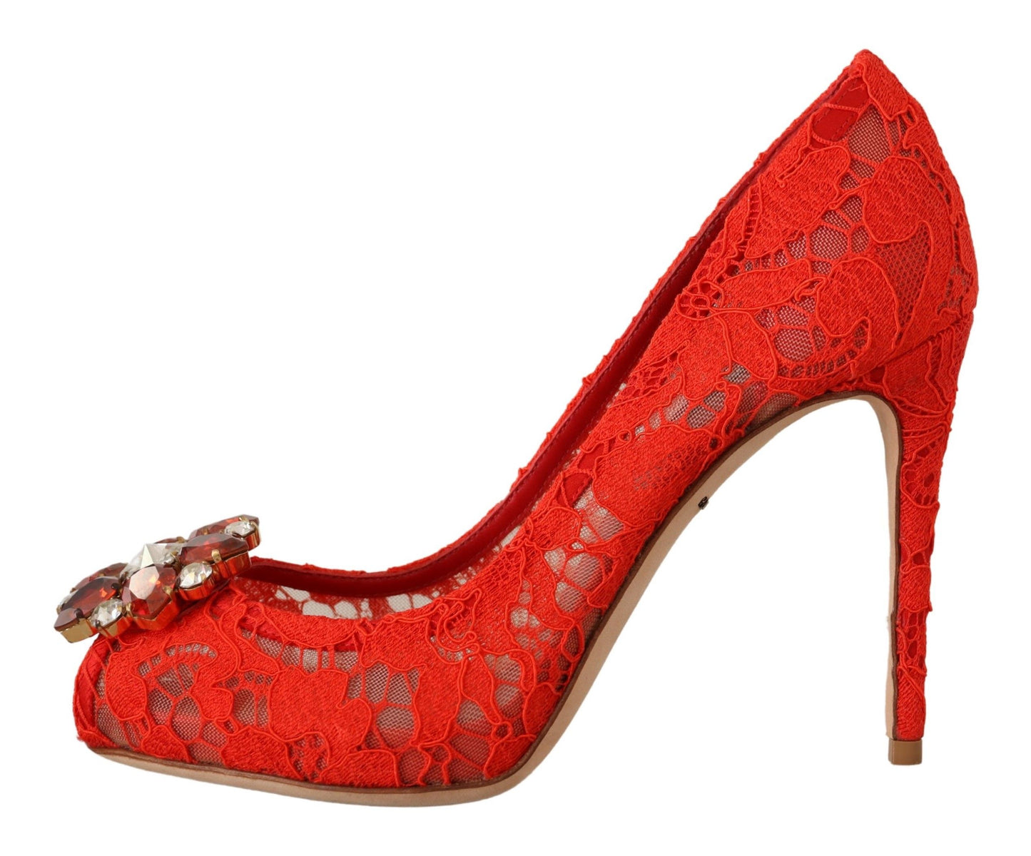 Rote Taormina-Pumps mit Spitzenabsatz und Kristallen